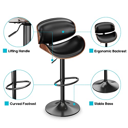 Onme Bar Stools Set Of 4, Bentwood Adjustable Height Swivel Bar Stools, Pu Leather Upholstered Bar Chair With Back And Footrest For Bar, Counter, Kitchen, Dining Room, Black #TOP5