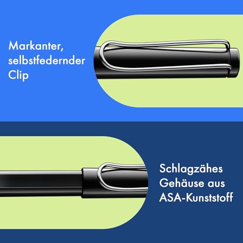Lamy safari roll-ink black Tintenpatronenroller – zeitlos klassischer Stift mit ergonomischem Griff & Strichbreite M - Gehäuse aus robustem ASA-Kunststoff – inkl. Tintenpatrone T10 blau