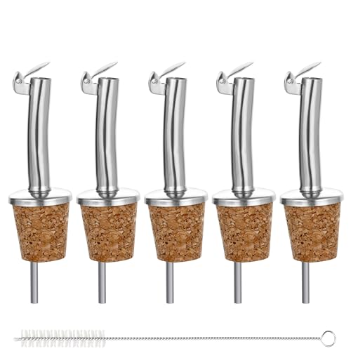 Incutex 5 Beccucci in Sughero con Coperchio e 1 Spazzola per la Pulizia, Versatore, Dosatore, Tappo Bottiglia per Liquori, Vino, Olio, Aceto
