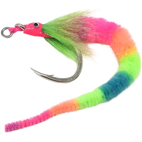 Anzuelo de pesca arcoíris que brilla en la oscuridad con cola larga y ojo de pez 3D para pesca nocturna para agua salada de aguas profundas, equipo de aparejos de agua dulce, punto de púas fuerte