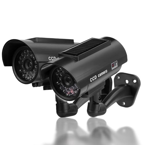 Pongnas 2pcs Dummy Camera, Fake Security Camera with Flashing LED Light Design for Indoor Outdoor Use, Solar Powered