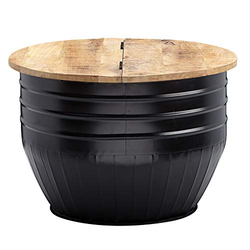FineBuy Table Basse Mango en Bois Massif/Metal Noir 60 x 41 x 60 cm | Table d'appoint de Style Moderne | Table de Salon avec Espace de Stockage Rond