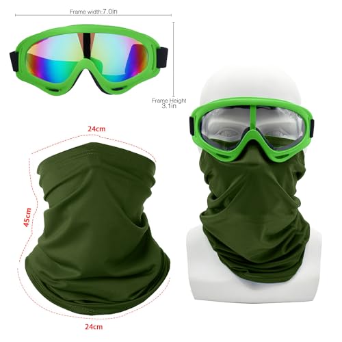 Image of LJDJ Motorcycle Goggles,2 Pack Dirt Bike ATV Motocross Riding Hiking Protective with 2 Pack Neck Breathable Bandana Mask (Green /Clear+Colorful Lenses)