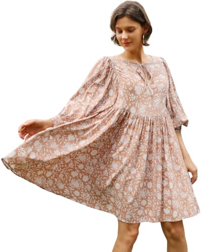 Image of Boho Dresses for Women Floral V Neck Puff SLVS Babydoll Short Beach Dress