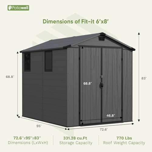 Image of Patiowell 6 x 8 FT Plastic Outdoor Storage Shed with Floor, Weatherproof Resin Tool Shed, Lockable Door & 2 Windows, Easy Assembly for Garden, Backyard, Lawn Equipment (Dark Grey)