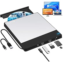 External CD Drive for Laptop USB 3.0 & USB-C DVD Player Burner Reader for Mac PC Windows 11 with SD/TF/2 USB Ports Portable +/-RW Optical Drive for Apple MacBook