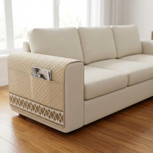 Image of KINGLY Armrest Cover with Pocket | Anti-Slip Sofa Arm Protector | Washable Arm Cover | Cream Beige