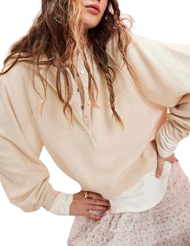 Esmeling Women Casual Button Front Sweater Henley Neck Long Sleeve Knitwear Solid Cropped Pullover Sweater