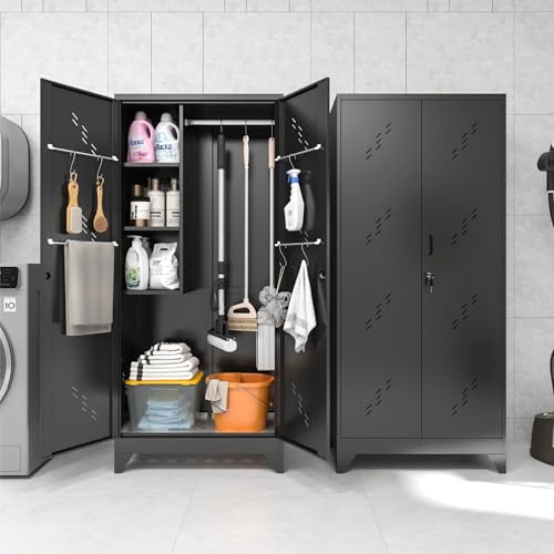 Image of 75 inch Metal Storage Cabinet with Lockable Doors, Functional Garage Storage Cabinets, Heavy-Duty Tool Organization Cabinet with Hanging Rod & S-Hooks (75 inch Utility Closet)