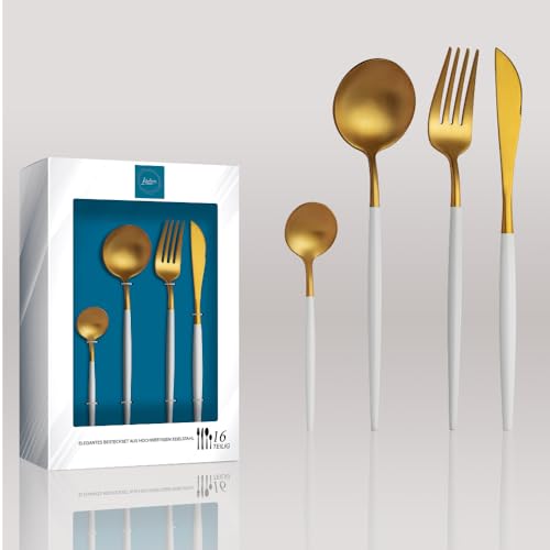 Kadum - 16-teiliges Besteckset Modernes Besteckset aus Edelstahl, 4x Suppenlöffel 4x Tafelgabel 4x Speisemesser 4x Teelöffel (Gold mit weißem...