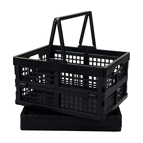Ortodayes 2 Pack Folding Plastic Crate, Collapsible Shopping Basket with Handles Cover