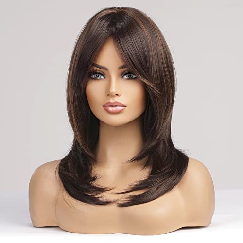 EMMOR Brown with Blonde Highlight Wigs for Women Shoulder-Length Wig with Bangs Synthetic Hair Layered Wigs Heat Resistant Fibre Natural and Realistic - Image 3
