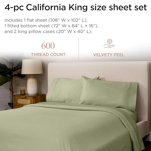 Image of Threadmill 100% Cotton Sheets for Cal King Size Bed - 600 Thread Count Cal King Bed Sheets Set with 16 inch Deep Pocket - Sateen Weave 4-Piece Bedding Set with Cooling Effect, Sage Green
