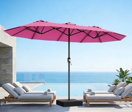 AreShark 15ft Patio Umbrella with Base, Double Sided Outdoor Umbrella with 12 Fiberglass Ribs, Large Outdoor Umbrella for Garden, Pool, Deck, Backyard & Market, Rose Pink