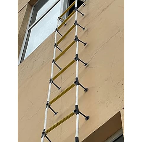 Zweistöckige Feuerleiter 4 m mit Abstandsstabilisatoren - schwer entflammbare Notfall-Strickleiter mit Karabinerhaken - wiederverwendbar - Tragfähigkeit bis zu 900 kg Cover