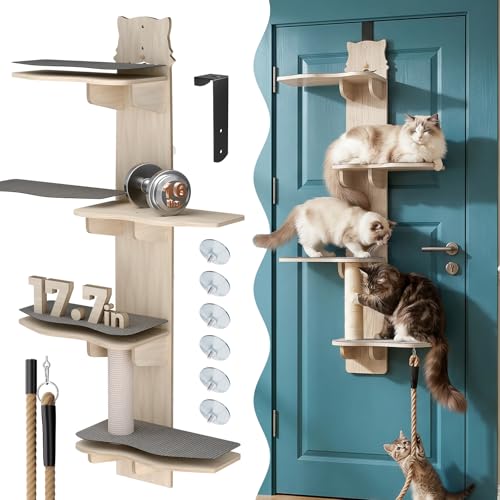 2026 New 4-Level Over Door Cat Tree with (6 Suction Cups & Climbing Rope and Adjustable Hooks) Door Hanging Cat Shelf with 17.7in Perch Over The Door Cat Tree Climber for Large Cats and Kittens