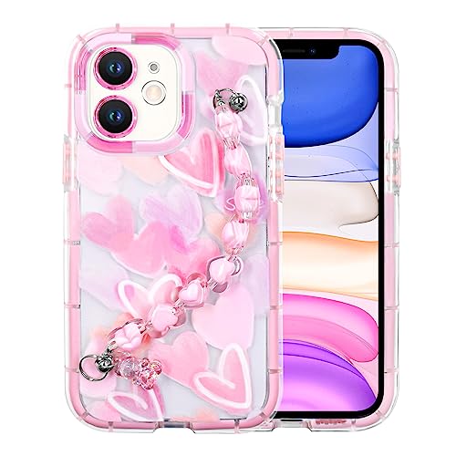 YEPO For iPhone 11 Case Cute Wrist Strap, Pink Heart Design Soft TPU Shockproof Protective Clear Phone Cases for iPhone 11 Girls Women