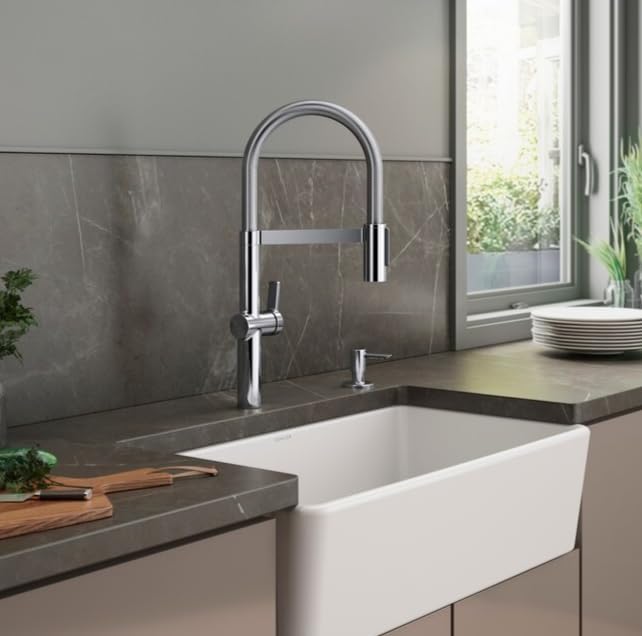 KOHLER Koi Pre-Rinse Spring Polished Chrome Single Handle Deck-Mount Pull-Down Kitchen Faucet with Sprayer (Deck Plate Included) (Soap Dispenser Included)