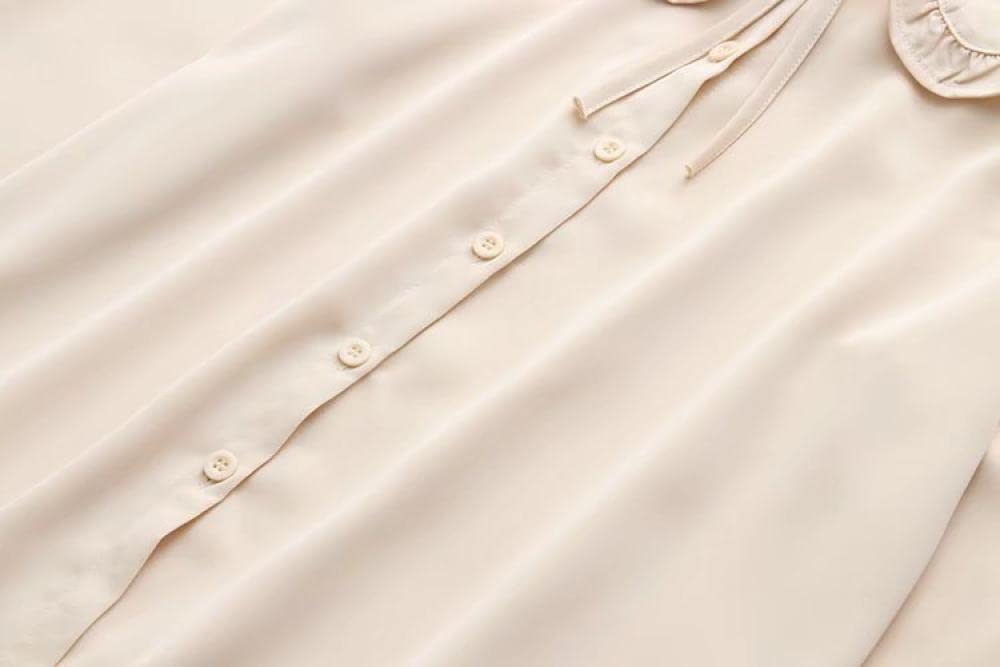 Chemisier Femme,Femmes Beige Court en Mousseline De Soie Revers À Volants Bouton De Cravate Doux Mignon À Manches Longues Printemps Été Chemisiers Élégant Tunique Décontracté Élégant Hauts