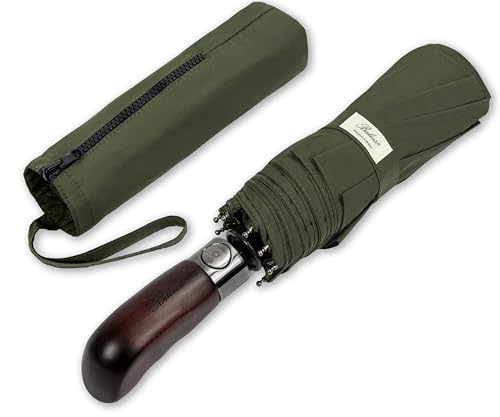 Balios® Prestige Travel Umbrella, Real Wood Handle, Auto Open & Close, Vented Windproof Double Canopy, Designed in UK (Olive Green with Real Wood Handle)