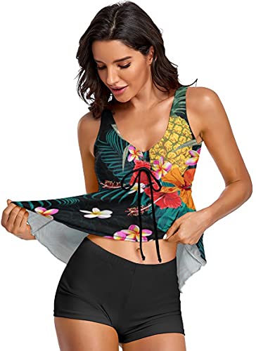 Omichic Cute Pineapple Tankini Swimsuits For Women Vinatge Floral Tummy Control Two Piece Bathing Suits Tank Top With Boyshorts Small #TOP1
