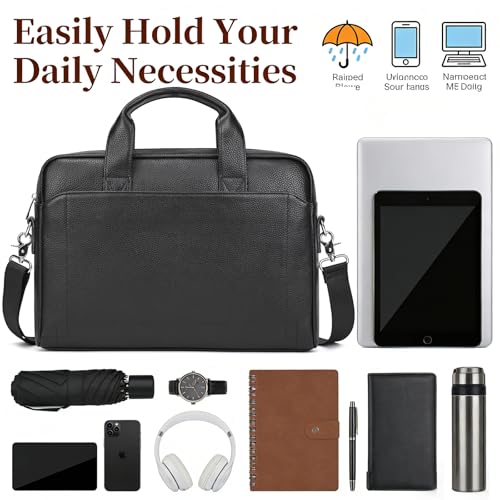 Leather Laptop Bag for Men, Laptop Briefcase Fits Up to 15.6 Inch Notebook, Portable Shoulder Messenger Crossbody Bag for Travel Business Office