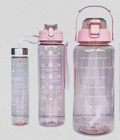 Image of EKAN 3 in 1 Motivational Water Bottles Set 2000 ml, 900 ml, 300 ml Large Capacity Sipper Bottles for School, Office, Home and Gym Use Leak-proof BPA-Free Water Bottles (Pink)