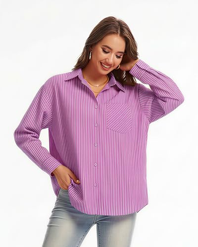 Fyralis Women's Striped Button Down Shirt, Long Sleeve Collared Office Work Blouse with Pocket, Cotton, Casual (US, Alpha, X-Large, Regular, Regular, Purple) — view 5