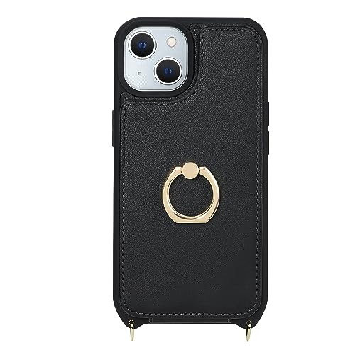 Image of for iPhone 13 Case with Card Holder and Strap - Women's Crossbody Lanyard,RFID Blocking, Ring Stand,Snap Clasp, RFID Blocking Phone Wallet Case 6.1 inch (Black)
