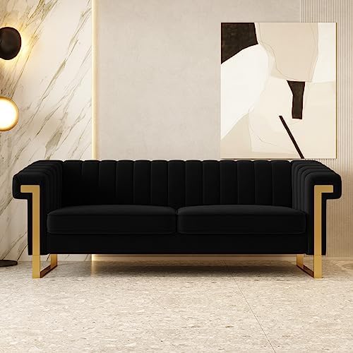 Mid-Century Modern Black Velvet Sofa with Gold Metal Legs, 83.86"...