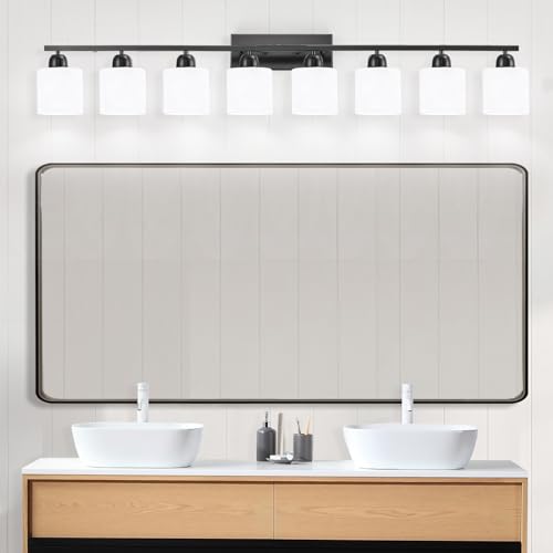 Image of 8 Light Black Bathroom Light Fixtures Over Mirror for Big Mirror, Modern Bathroom Lighting with Milky White Frosted Glass Shades,51 inch Lights for Vanity for Mirrors, E26