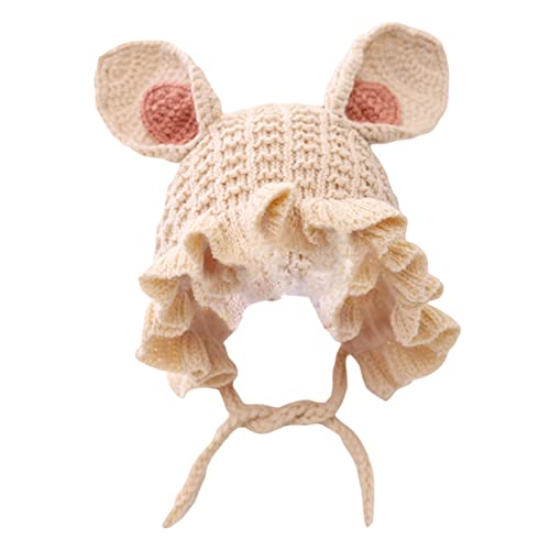 VICASKY Knitted Yarn Hat with Rabbit Ears Adjustable Lacing Thick Warm Beanie for Months to Years Breathable Thermal Winter Bonnet with Lotus Leaf Edge Beige