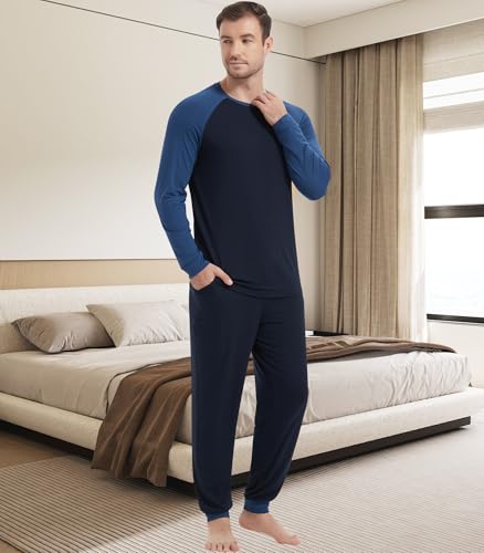 Image of NACHILA Mens Pajamas Set Long Sleeve Henley Sleepwear Top Soft Jogger Pants Pajamas Cool Pjs Set,Viscose Made from Bamboo