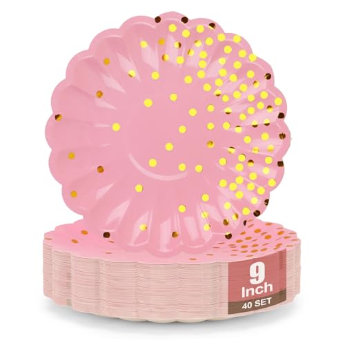 CENLBJ 9inch Pink and Gold Paper Party Plates for Birthday Wedding 40Pcs