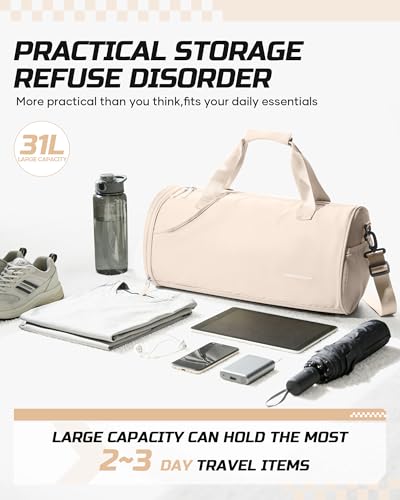 Image of Gym Bag for Women Mens with Wet & Shoe Compartment,Small Duffle Bag for Travel Sport Gym Tote Bags Workout Bag Overnight Weekender Bag Carry on Travel Bag White