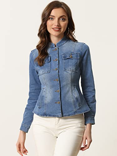 Allegra K C2302270073 Casual Denim Jacket For Women'S Classic Stand Collar Long Sleeve Jean Jackets Medium Blue thumb #3