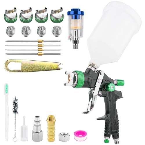 HVLP Spray Gun Kits Gravity Feed Air Paint Gun with 1.4/1.7//2.0/2.5 mm Nozzles Spray Paint Gun Automotive with Air Gauge for Car Paints, Primer, Clear/Top Coat & Touch-Up (Green)