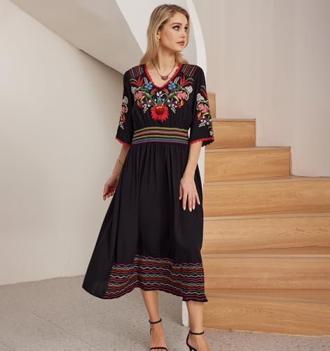 Hgustar Mexican Embroidered Dress for Women Boho Traditional Fiesta Summer Peasant Bohemian Floral Midi Cocktail Dresses3