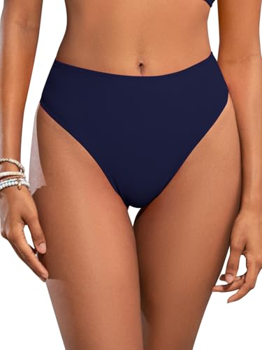 Image of SHEKINI Women's High Waisted Thong Bikini Bottoms Sexy Crisscross Back Hollow Out Swimwear Bottoms, Navy Blue, X-Large