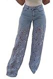 Women's Lace Patchwork Hollow Jeans Floral High Waist Wide Leg Denim Pants Lace Jeans Blue