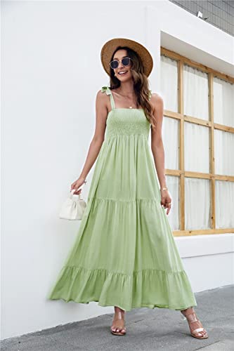 Image of kinstell Women's Summer Boho Spaghetti Strap Square Neck Ruffle Casual Flowy Long Dress Beach Swing Party Maxi Dress
