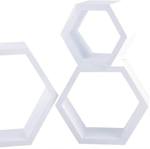 Miniatura 7 de CNCEST Estantes flotantes con forma hexagonal de 3 piezas, soporte de exhibición de decoración de forma hexagonal, estantes de pared de madera