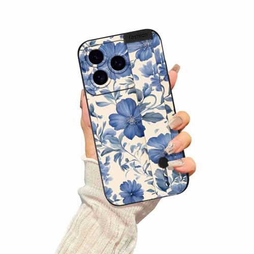 Coque iPhone 17 Pro antichoc motif collage fleurs bleues avec dragonne ajustable souple