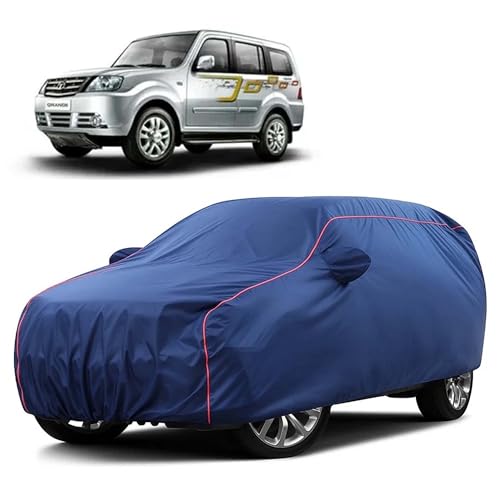 Image of Sulfar 100% Water Resistant Car Body Cover Compatible with Mirror for Tata Sumo Grande MK II (Triple Stitched, Full Bottom Elastic, Blue Taffeta with Red Piping)