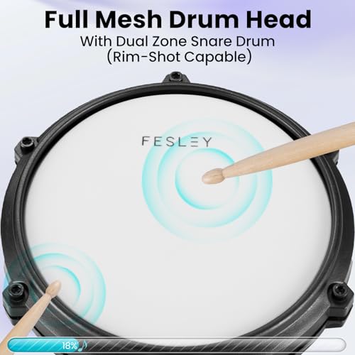 Fesley Electric Drum Set with Independent Kick Drum Electronic Drum: Dual Zone Snare Drum Electric Drum Set, Quiet Mesh Drum Pads For Beginner, 3 Cymbals with Choke, USB MIDI, Drum Throne, Drum Sticks - Thumbnail 2