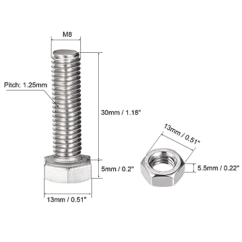 Image of uxcell M8 x 30mm Hex Head Screws Bolts, Nuts, Flat & Lock Washers Kits, 304 Stainless Steel Fully Thread Hexagon Bolts 4 Sets