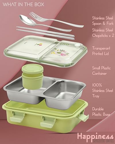 Image of Brand Conquer Lunch Box Leak-Proof BPA Free Stainless Steel for School, Lunch Box for School & Office with a Fork, a Spoon and a Pair of Chopsticks (Classic Green, Happiness Lunch Box 2 Compartment)
