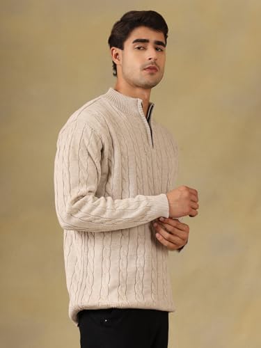 Image of Kvetoo Men's Wool High Neck Zipper Sweater, Full Sleeve Cable Knit Quarter Zip Winter Pullover