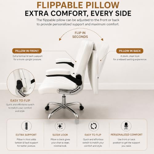 Image of Furnitures Flip Executive Office Chair with Flippable Pillow | Ergonomic Leatherette Computer Chair | Height Adjustable Revolving Chair with Chrome Base |, White