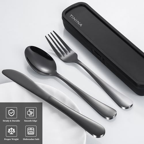 Camping Besteck, 4 Stück Edelstahl Reisebesteck mit Etui, Verstärktes Gehäuse mit Schnallen-Design, Campingbesteck für Outdoor, Reise, Arbeit, Schule, Spülmaschinenfest, Schwarz